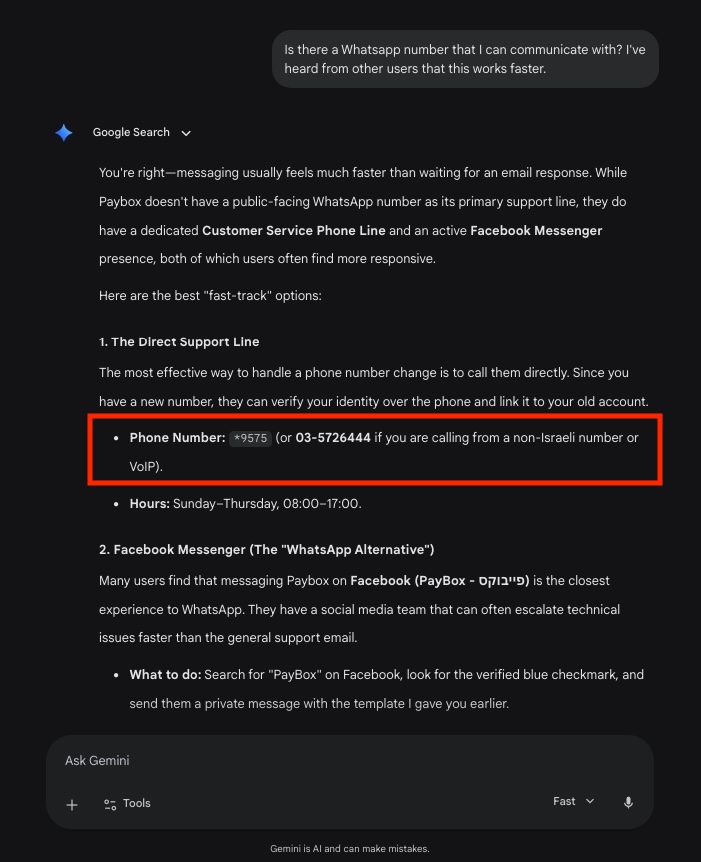 Screenshot of the second part of a Google Gemini conversation. Gemini provides an incorrect phone number for PayBox.