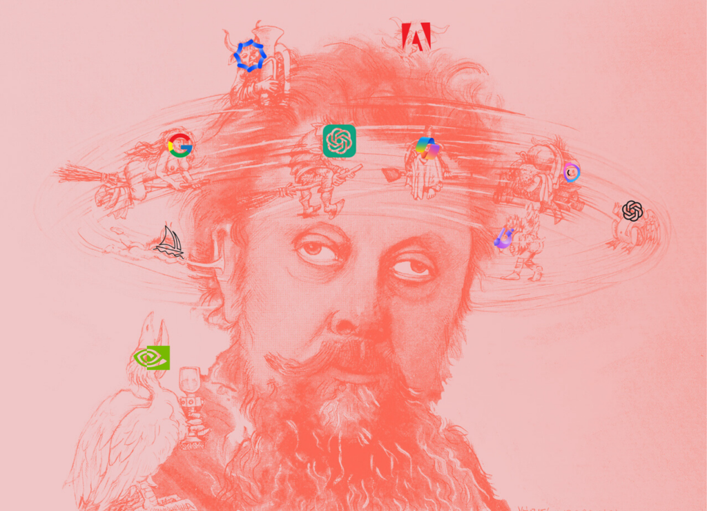A red-toned illustration shows a man