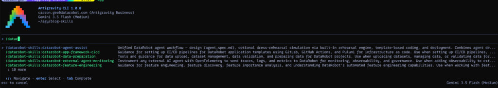 Antigravity CLI autocompleting the DataRobot skills slash commands