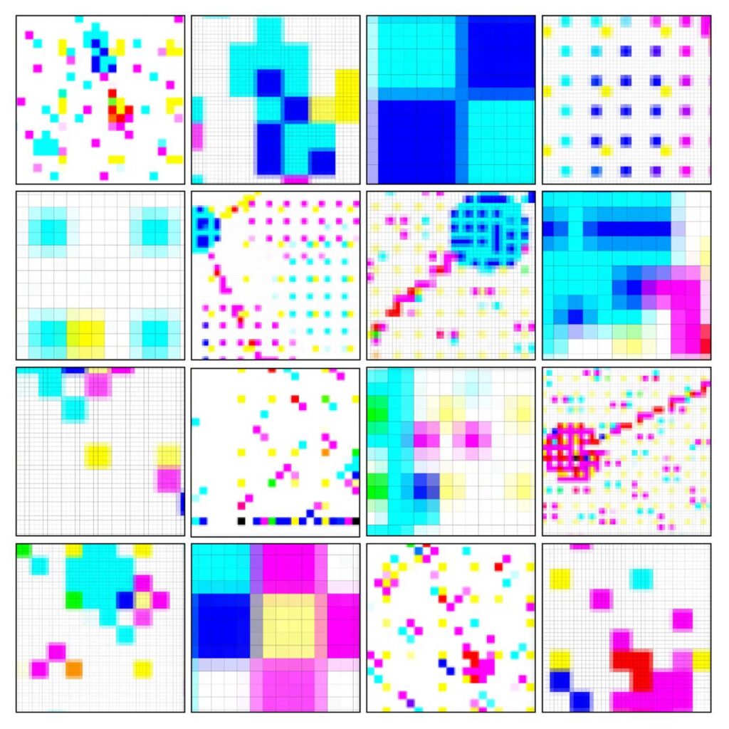 There are 16 different small square images in this collage. Each of them have a grid background and different neon coloured square patterns in the squares. One looks like a flower, another looks like a random array of pixels, and the other is 4 blue squares.