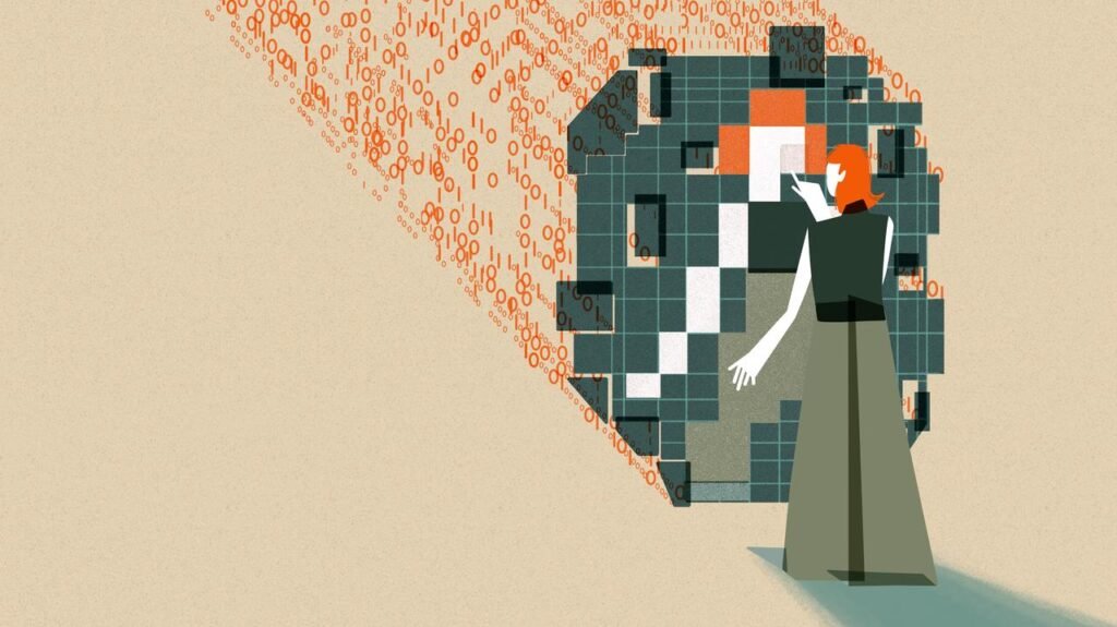 This image shows an individual with orange hair interacting with a large, abstract digital mirrored structure. The structure is composed of squares in varying shades of green, orange, white, and black which are pieced together to reflect the individual’s figure. The figure