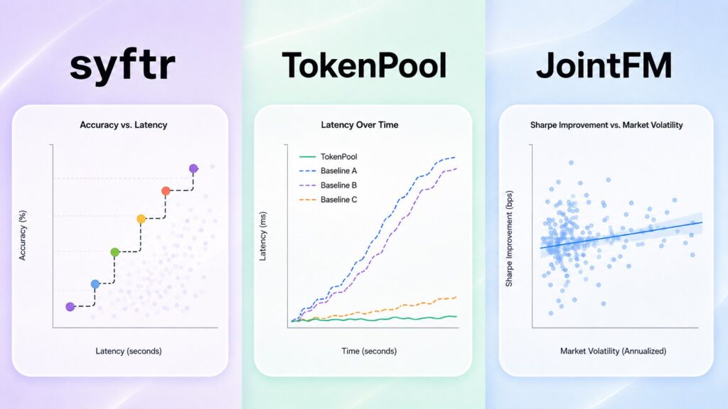 Three benchmark charts side by side: syftr accuracy vs. latency, Token Pool latency over time, and JointFM Sharpe improvement vs. market volatility