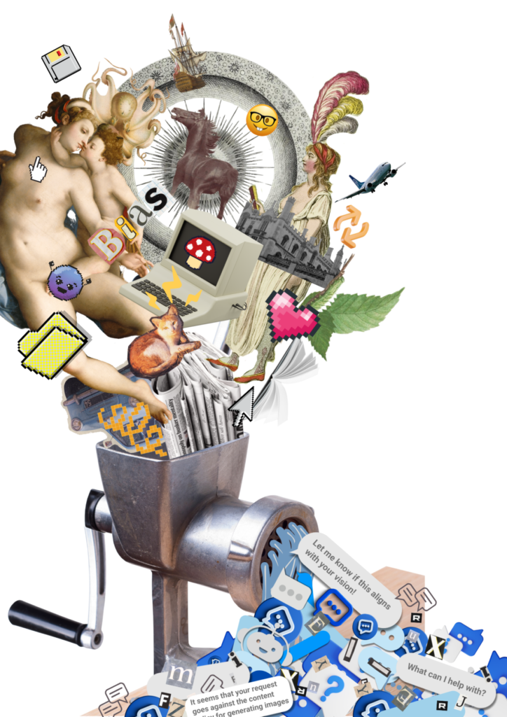 The image features a silver meat grinder. Going into the grinder at the top are various culturally symbolic, historical, and fun icons – such as emojis, old statutes, a computer, newspapers, an aeroplane. At the other end of the meat grinder, coming out is a sea of blue and grey icons representing chat bot responses like