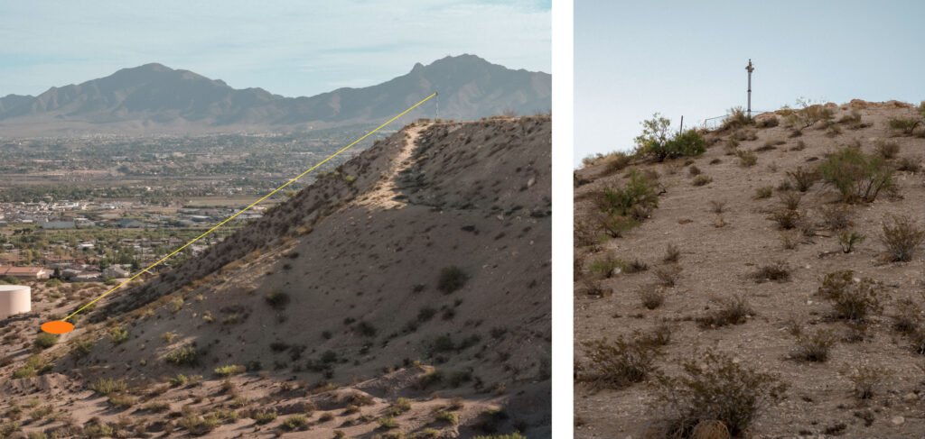 View from the grid location where a body was found towards Border Patrol Surveillance Tower 022, along the southern U.S. border in Sunland Park, New Mexico.